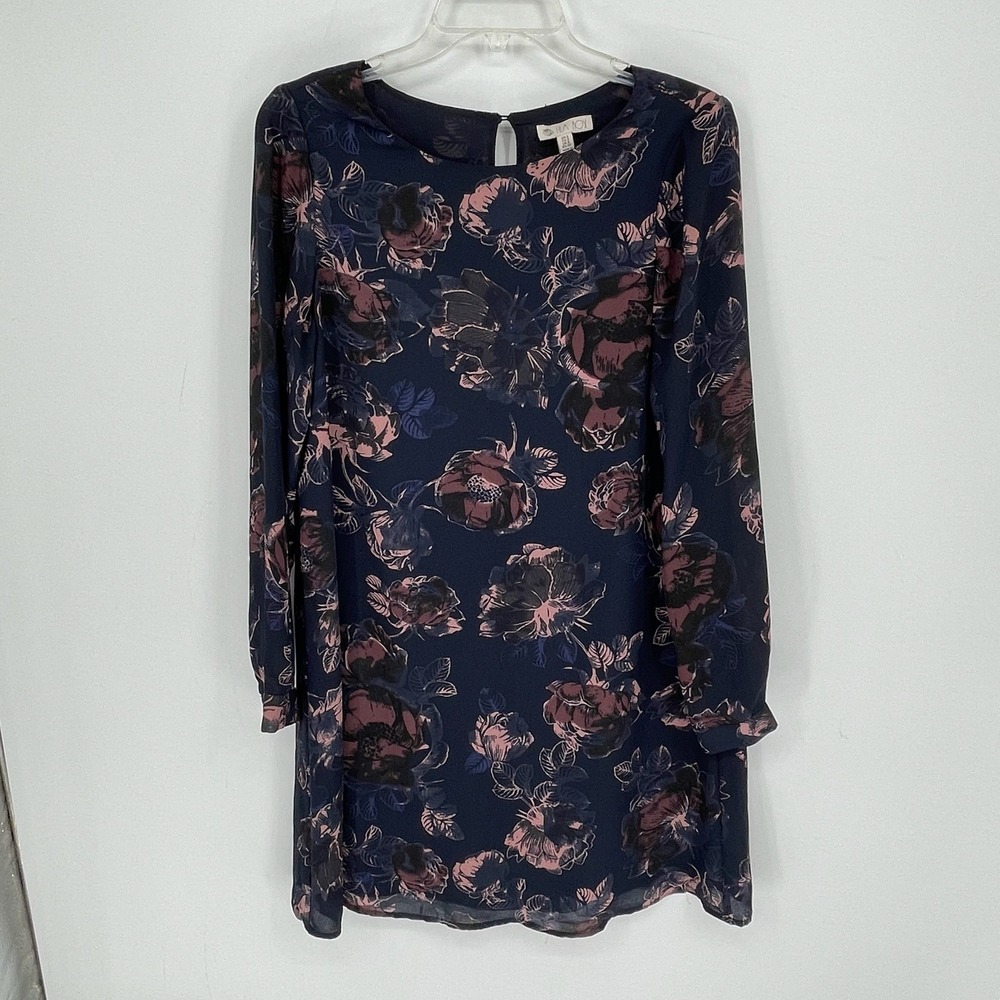 Lila Rose Women's Blue Floral Print Chiffon Long Sleeve Shift Dress Size 2